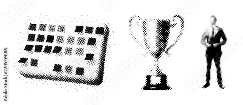 Retro Halftone Business Icon Collection featuring Calendar Trophy and Businessman Silhouette in Monochrome Grainy Style Vector Illustration