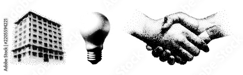 Retro Business Icon Set with Building Light Bulb and Handshake in Dithered Halftone Style Black and White Vector Illustration