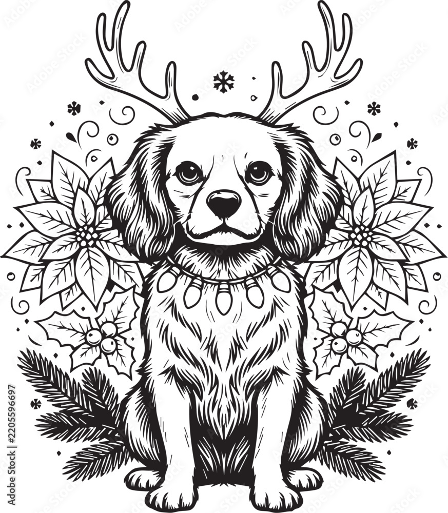 Obraz premium Cute French Bulldog Wearing Reindeer Antlers Christmas Holiday Line Art Illustration