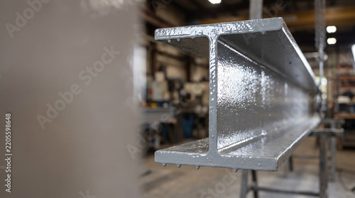 Extreme close up macro of fresh wet gray anticorrosive protective coating on industrial steel I-beam with dripping paint in factory workshop for construction structure protection.