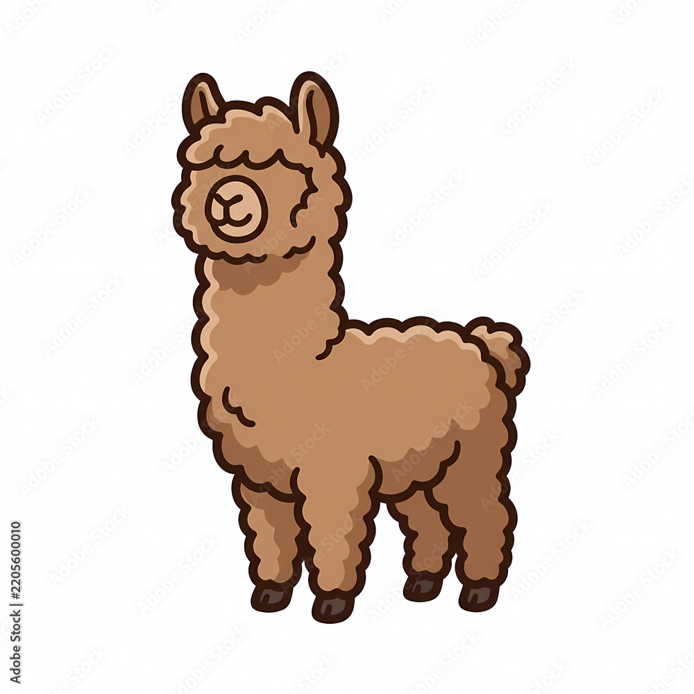 Obraz premium Vector Illustration of a Cute and Fluffy Brown Llama Standing in a Side Profile View, Isolated on White Background, Perfect for Nursery Decor, Children Stickers, and Animal Mascot Design