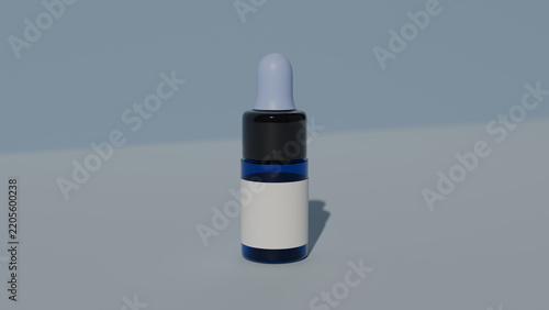 Blue glass dropper bottle on dusty blue wall with hard sunlight