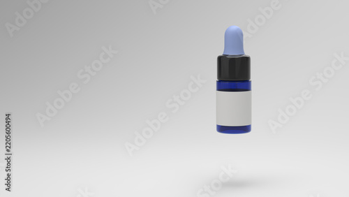 Floating blue glass dropper bottle on white with copy space
