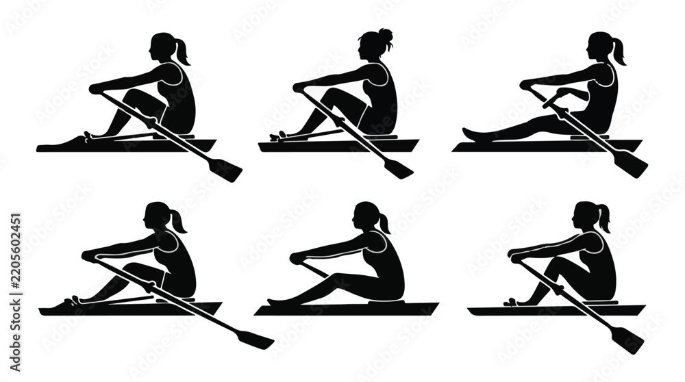 Fototapeta premium Female Rowing Athletes Rowing Poses Silhouette Vector Set 