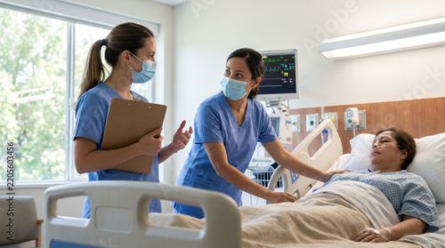 Two hospital nurses conduct bedside shift handover beside adult patient, supporting care coordination, nursing teamwork, clinical communication, continuity of care and patient safety.
