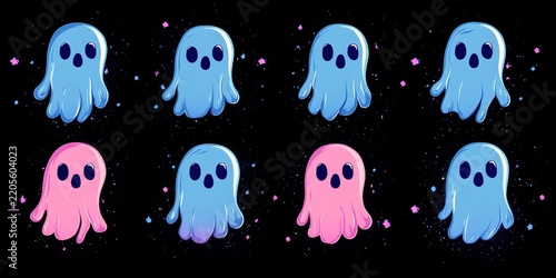 many simple cute cartoon ghosts in pink and blue glowing neon colors on a black background in the style of pastel goth, Generative AI