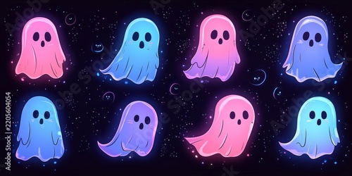 many simple cute cartoon ghosts in pink and blue glowing neon colors on a black background in the style of pastel goth, Generative AI