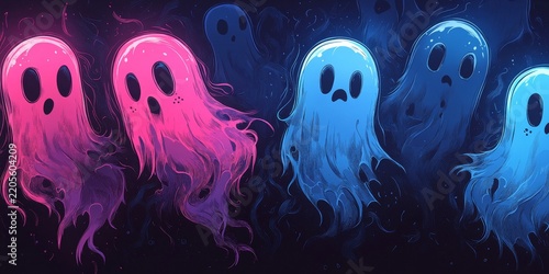 many simple cute cartoon ghosts in pink and blue glowing neon colors on a black background in the style of pastel goth, Generative AI