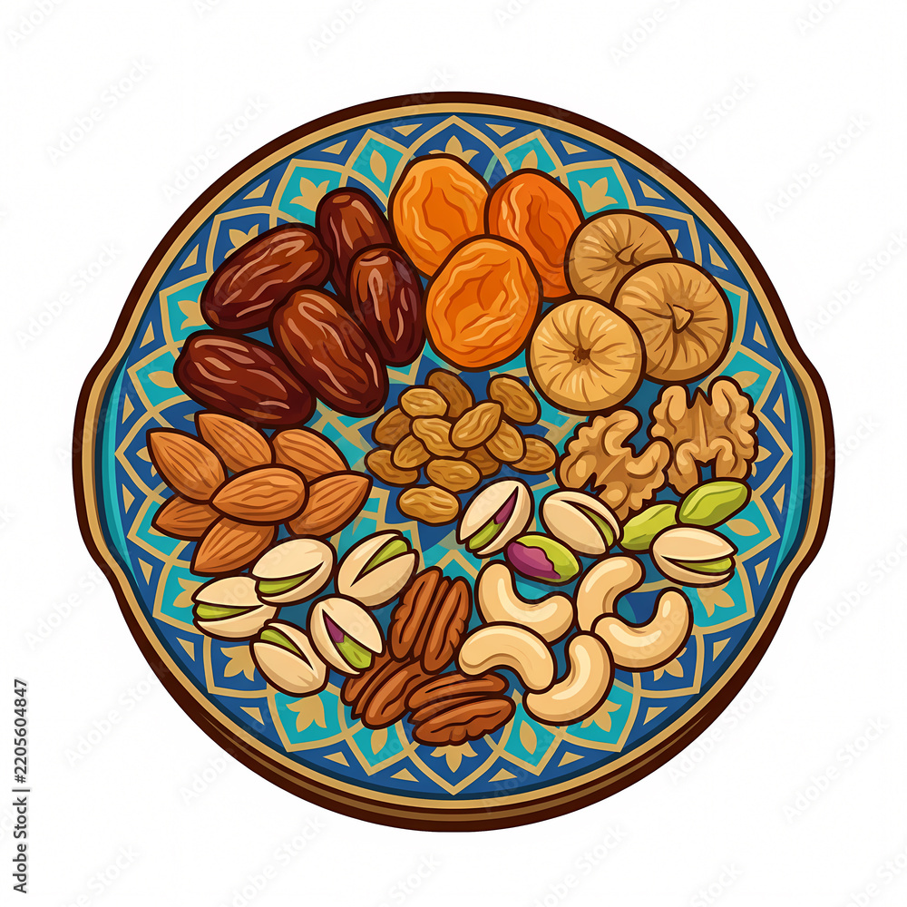 Obraz premium Vector illustration of a decorative plate featuring an assortment of dried fruits and nuts, including dates, apricots, figs, raisins, almonds, pistachios, walnuts, and cashews.