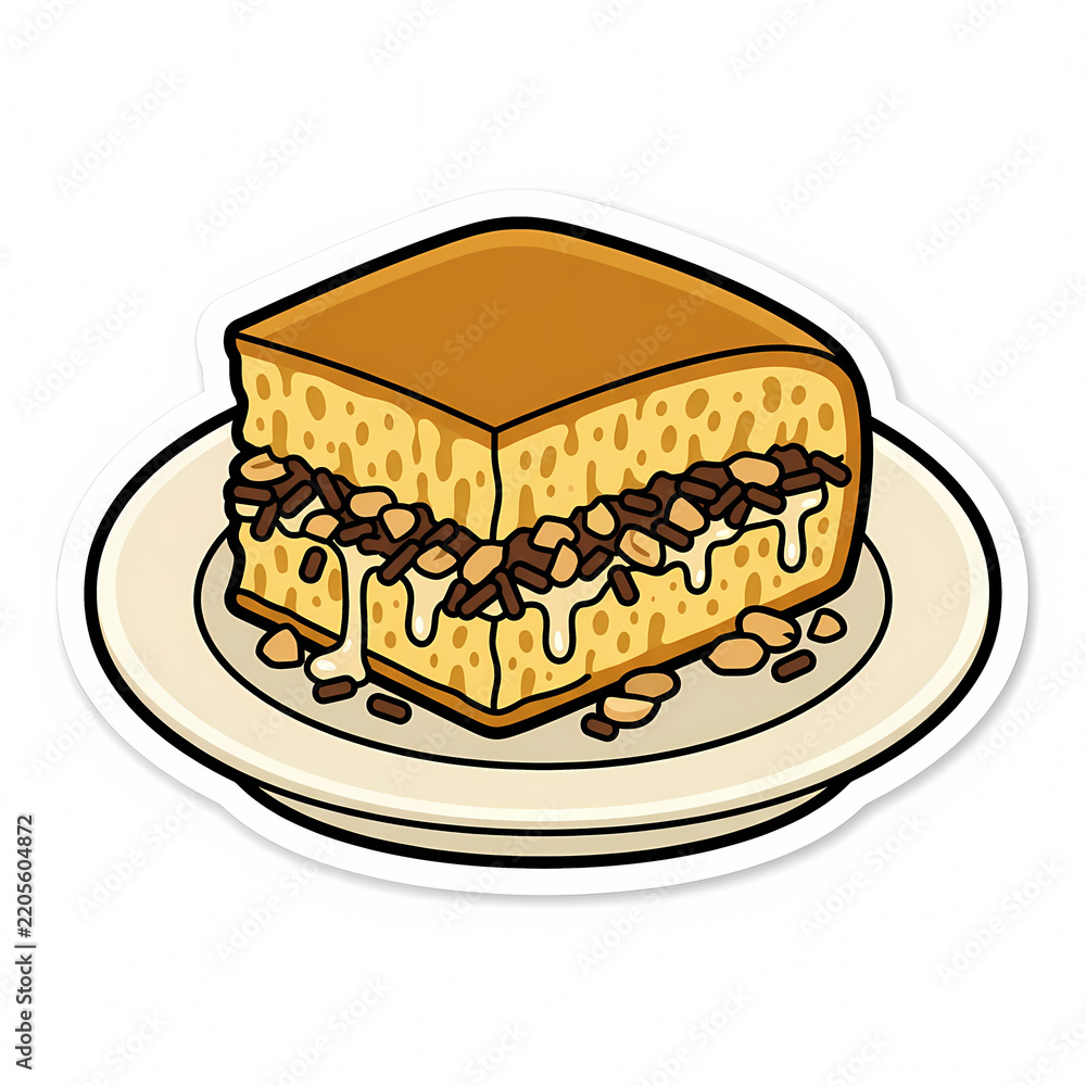 Obraz premium Vector illustration of a delicious slice of Martabak Manis, a traditional Indonesian sweet pancake, topped with chocolate sprinkles, crushed peanuts, and condensed milk on a plate.