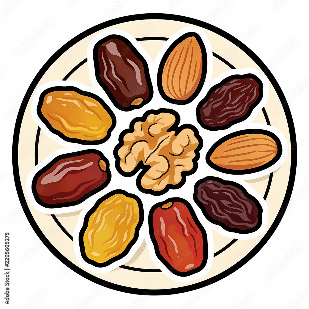 Obraz premium Vector Illustration of a Plate of Assorted Dried Fruits and Nuts Including Dates Walnuts Almonds and Raisins Arranged for a Healthy Snack and Mediterranean Diet Concept