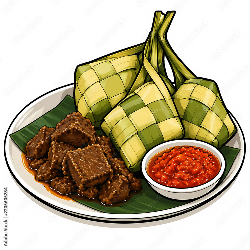Obraz premium Vector illustration of a plate of traditional Indonesian ketupat rice cakes served with spicy beef rendang and red chili sambal on a banana leaf, isolated on a white background.