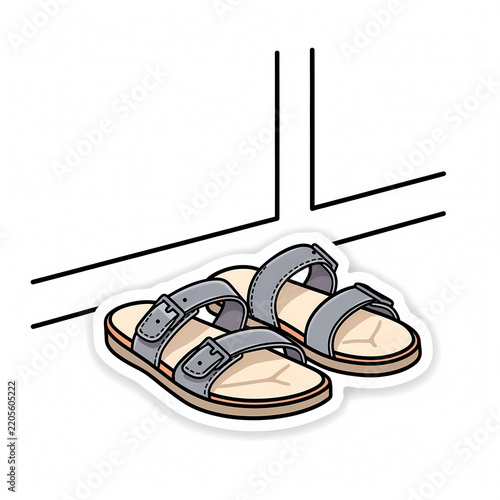Vector illustration of a pair of casual grey double strap sandals with buckles placed on a white floor, modern minimalist footwear design for summer lifestyle and comfort.