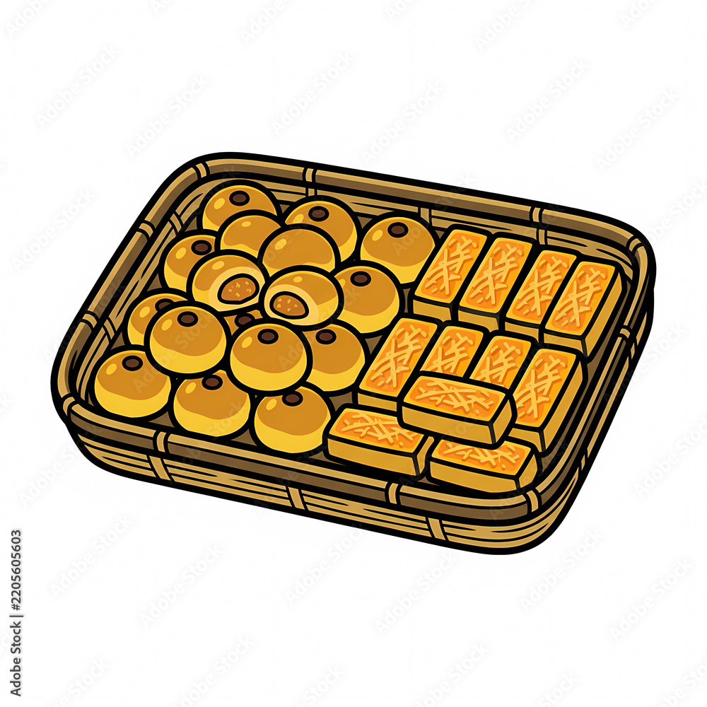 Obraz premium Vector illustration of a traditional Indonesian Lebaran snack tray filled with Nastar pineapple tarts and Kastengel cheese cookies, festive assorted food for Eid al-Fitr celebration.