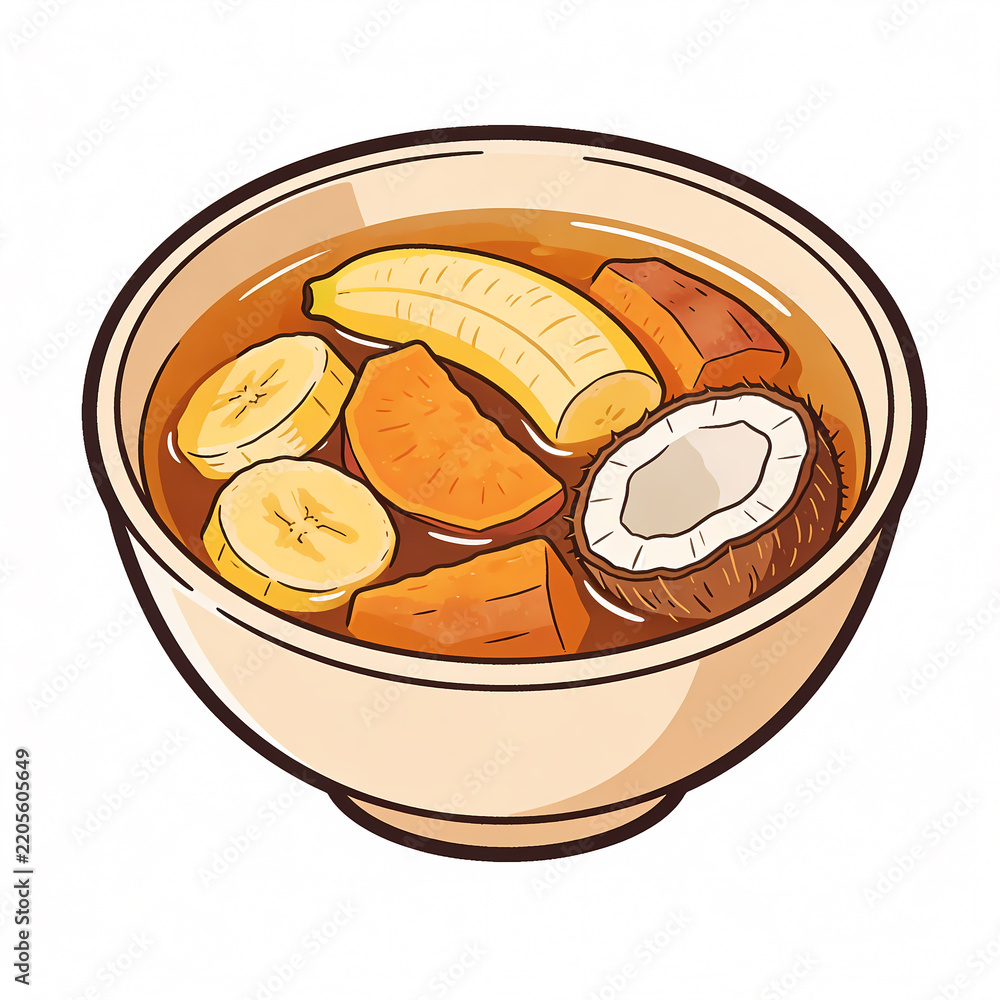 Obraz premium Vector Illustration of a Traditional Indonesian Sweet Fruit Compote or Kolak with Banana Slices, Coconut, and Sweet Potato in a Bowl, Isolated on White for Culinary Design
