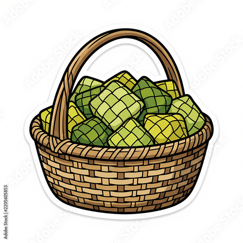Vector Illustration of a Traditional Woven Wicker Basket Filled with Ketupat Rice Dumplings, Symbols of Eid al-Fitr and Lebaran Celebration, Isolated Sticker on White Background.