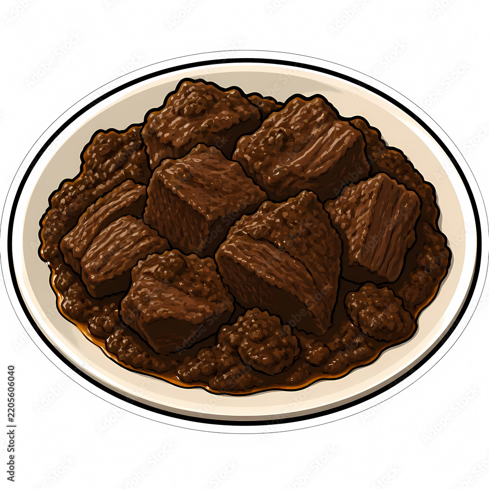 Obraz premium Vector illustration of delicious Indonesian beef rendang, a traditional spicy slow-cooked meat curry served on a ceramic plate, isolated on white background for food menu design.