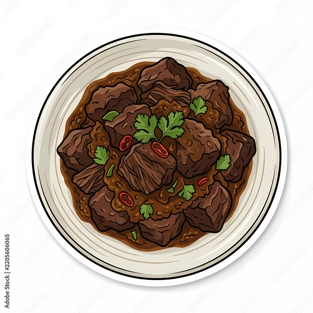Obraz premium Vector Illustration of Indonesian Beef Rendang, a Traditional Spicy Slow-Cooked Meat Dish Served on a Ceramic Plate with Chili and Herbs Garnish, Isolated on White Background.