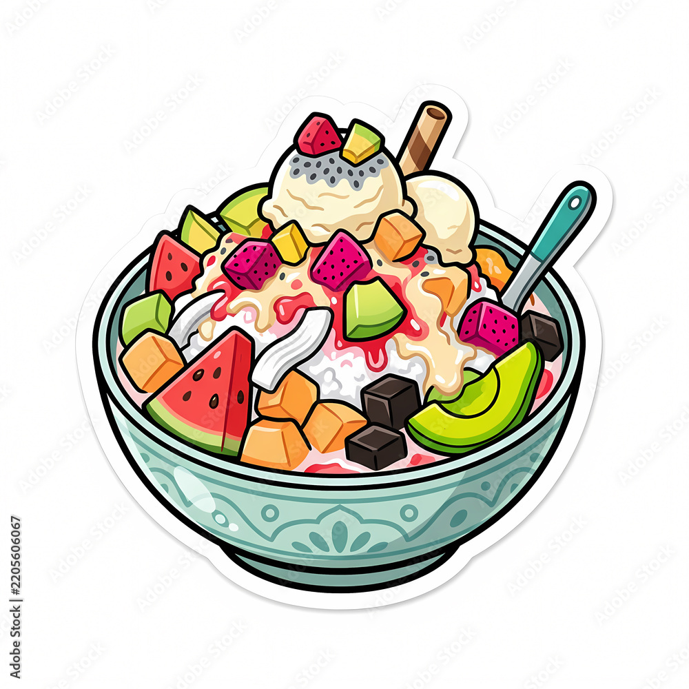 Obraz premium Vector illustration of Indonesian Es Buah, a colorful bowl of refreshing fruit cocktail with shaved ice, assorted tropical fruits, dragon fruit, watermelon, avocado, and ice cream.