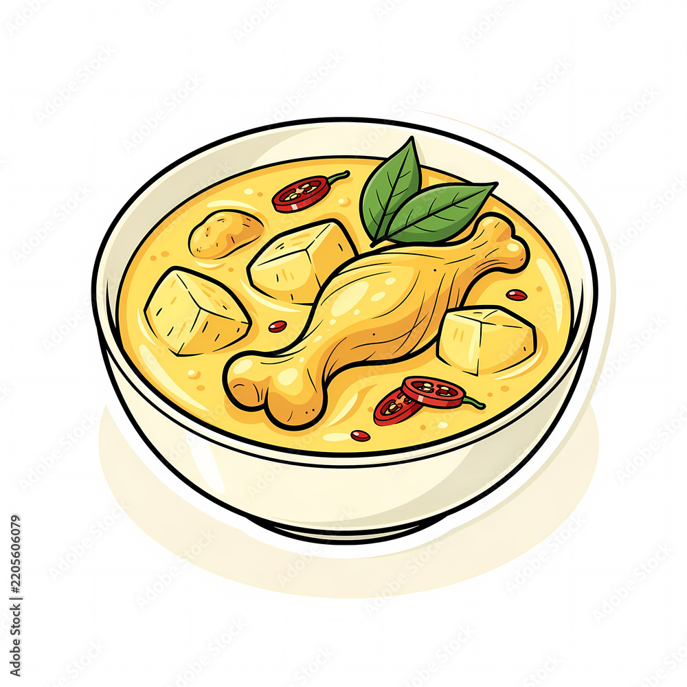 Obraz premium Vector illustration of Indonesian Opor Ayam, a traditional yellow chicken curry in coconut milk served in a bowl with drumstick, tofu, and chili garnish, isolated on white background.