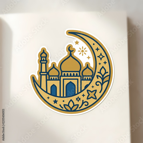 Vector Illustration of Decorative Eid Mubarak Ornament Featuring a Gold and Blue Mosque with Crescent Moon and Stars, Islamic Celebration Sticker Design for Ramadan Kareem