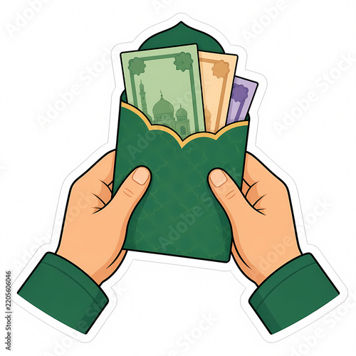 Vector Illustration of Hands Holding a Green Festive Envelope Filled with Banknotes Featuring Mosque Motifs, Representing Islamic Traditions Like Zakat, Sadaqah, or Eid Al-Fitr Gift Giving