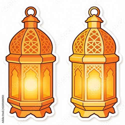 Vector Illustration of Decorative Traditional Arabic Fanoos Style Lanterns with Intricate Geometric Patterns and Glowing Light, Set as Stickers Isolated on White Background for Ramadan