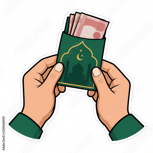 Vector Illustration of Human Hands Holding a Green Decorative Envelope Filled with Banknotes for Eid al-Fitr Gift, Islamic Tradition of Giving Charity and Festive Celebration