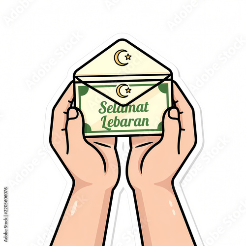 Vector Illustration of Human Hands Holding an Open Envelope Containing a Greeting Card with Selamat Lebaran Text and Islamic Crescent Star Symbols for Eid Al-Fitr Celebration