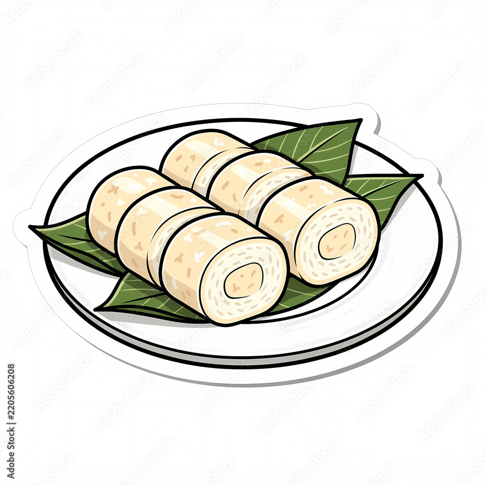 Obraz premium Vector Illustration of Sliced Lontong Rice Cake Served on Banana Leaves on a White Plate, Traditional Indonesian and Southeast Asian Compressed Rice Food Isolated on White Background