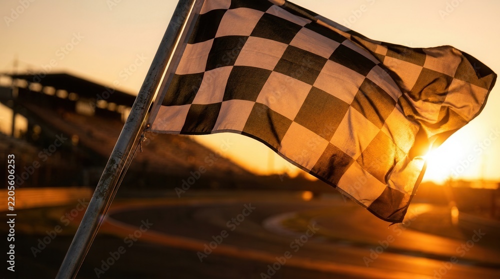 Obraz premium The finish line of a race car rally featuring a waving checkered flag at sunset.