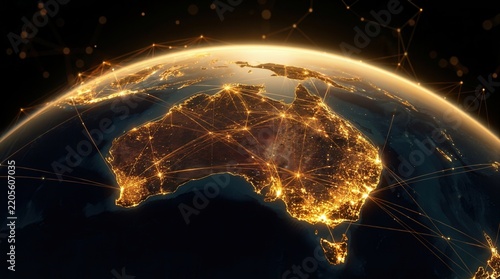 A view of Australia's nighttime city lights connected by glowing network lines for technological advancement.