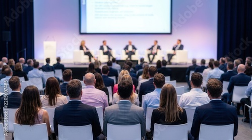 Audience members sitting in rows watching a professional panel on a stage at a corporate event.
