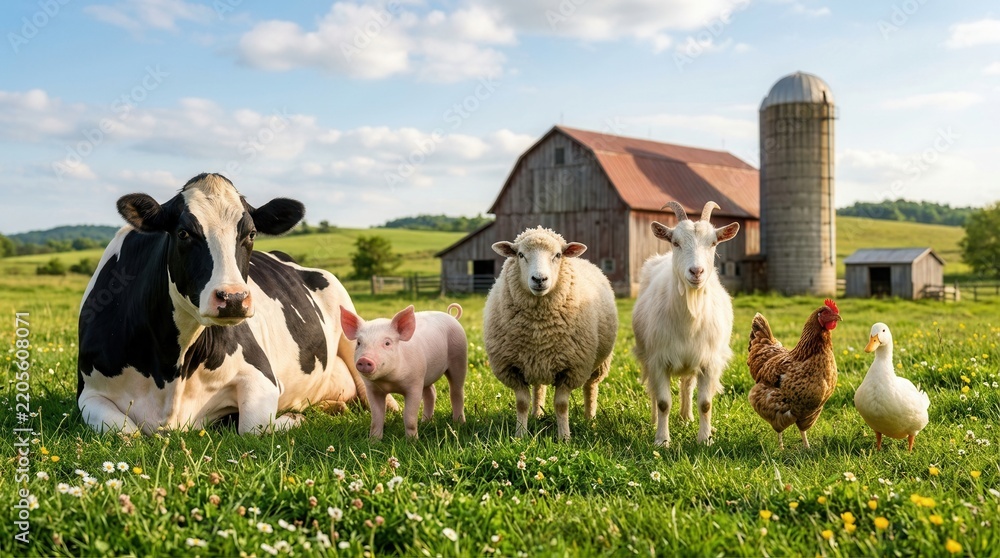 Obraz premium Diverse farm livestock including a cow, sheep, pig, and goat in a sunny green field.