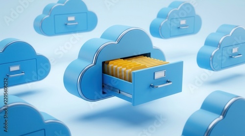 Digital cloud storage technology concept with organized data folders in blue drawers.
