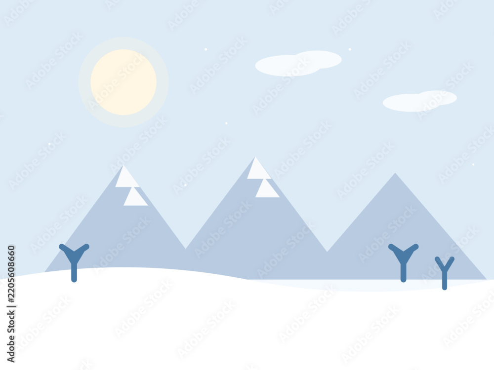 Obraz premium Flat vector illustration of winter landscape with snowy mountains, fir trees and falling snow