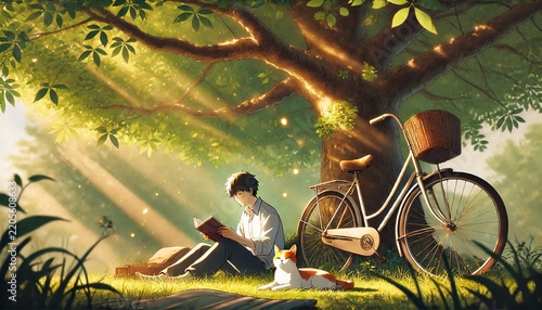 Peaceful Summer Day Reading a Book Under a Tree with a Bicycle and Cat