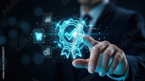 Digital technology concept showing a hand interacting with a glowing certificate symbol.