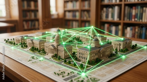 A miniature city map showing a digital campus network and connected institutional buildings.