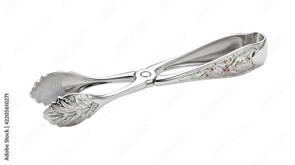 Fototapeta premium A pair of shiny stainless steel kitchen tongs isolated on a clean white background for culinary photography