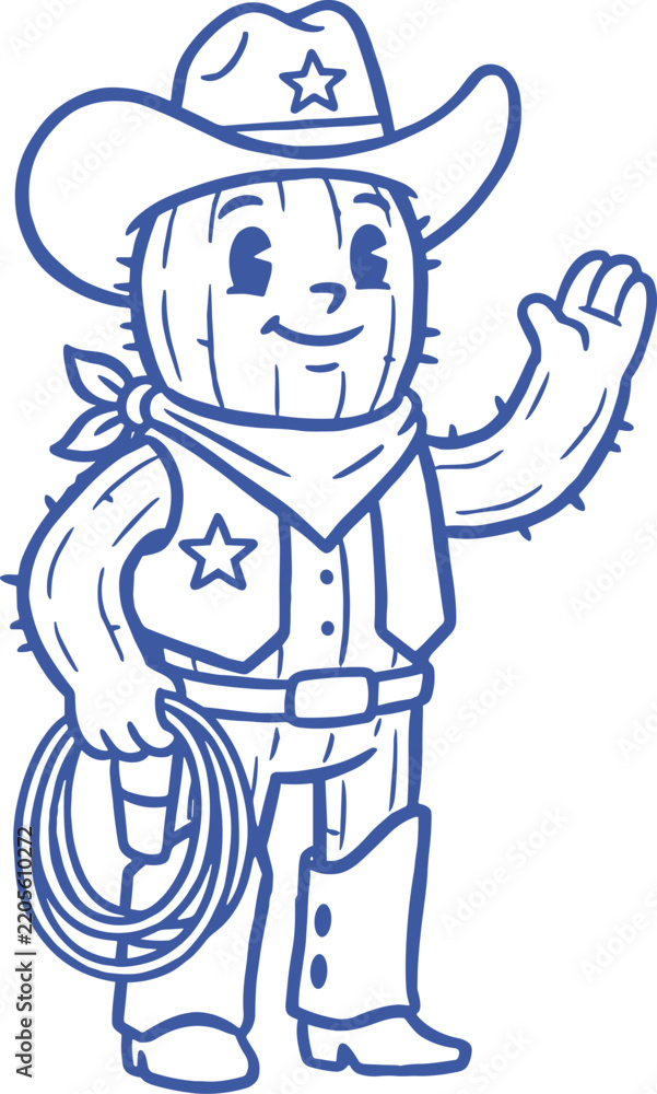 Fototapeta premium Cowboy Cactus Character Hat Lasso Sheriff Outfit, hand drawn doodle illustration, vector