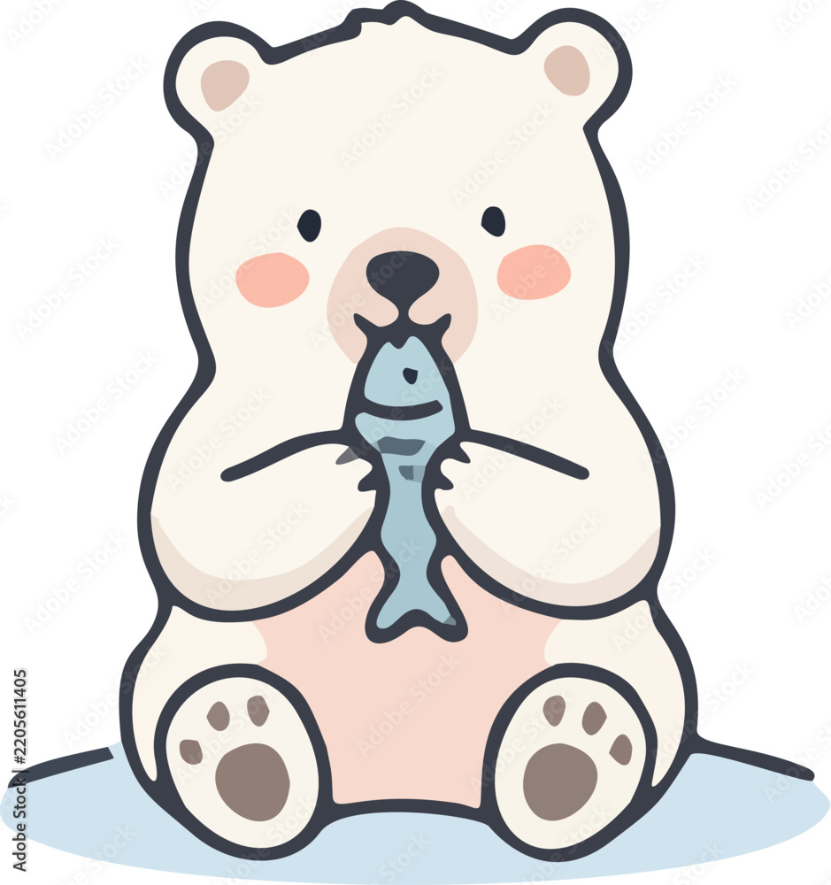 Fototapeta premium Cute Polar Bear Eating Fish Arctic Animal Hand Drawn Illustration