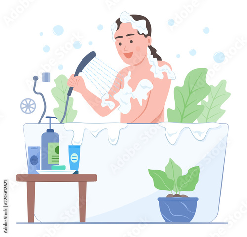 Relaxing Kid Girl Take a Bath, Washing Hair and Soaking in Bathtub for Clean Body and Healthcare Concept Illustration Clip Art