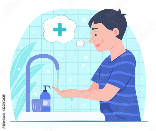 Happy Cheerful Kid Boy Washing Hands at Sink in Toilet for Daily Healthy Routine Lifestyle Concept Illustration Clip Art
