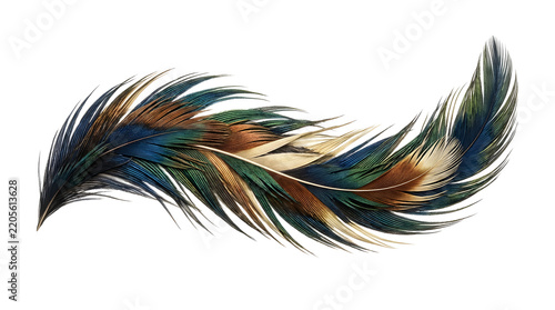 Colorful iridescent feather isolated on white background, natural bird quill element, bohemian plumage decor for graphic design