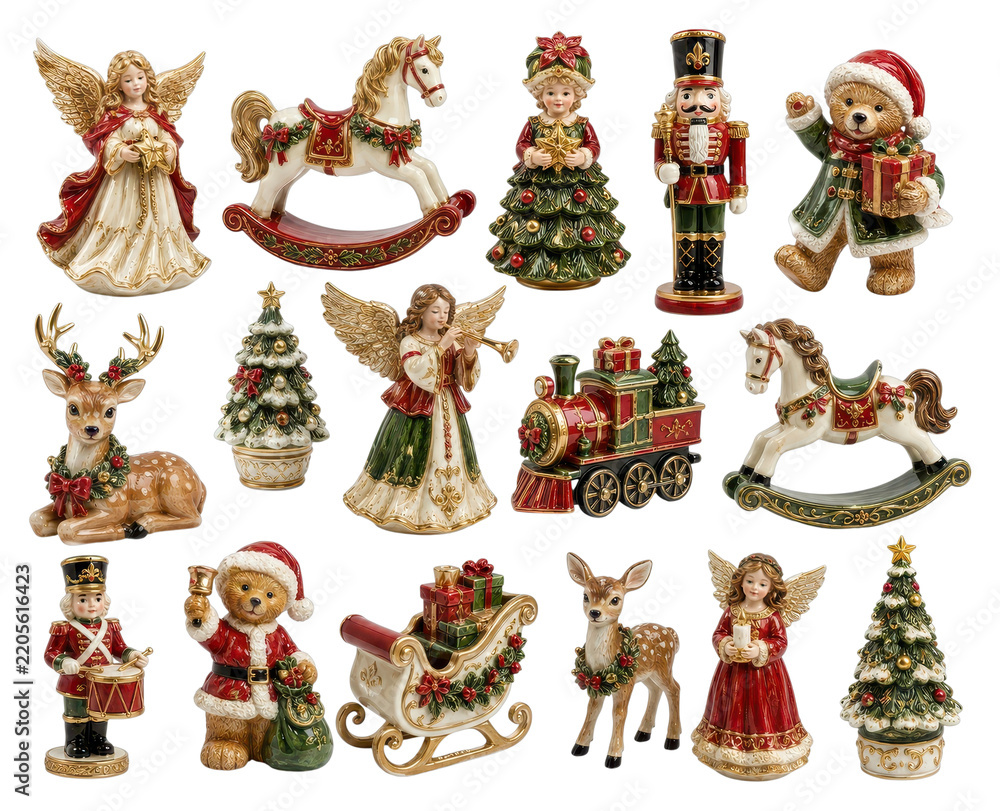 Obraz premium PNG Christmas figurines collection featuring angels, reindeer, tree, toys