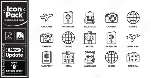 Outline vector travel icon collection featuring airplane, passport, backpack, camera, globe, and hotel for various journey and vacation related designs.
