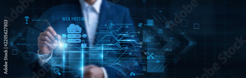 Businessman Pointing Web Hosting, high performance cloud server infrastructure and website domain hosting, secure server uptime, data center storage hosting, web server management, cloud domain server