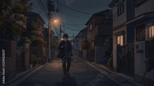 Fototapeta 夜の住宅街を歩いて帰宅する働く男性