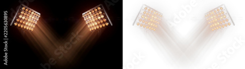Two stadium floodlights shining bright beams of warm light, isolated on transparent background